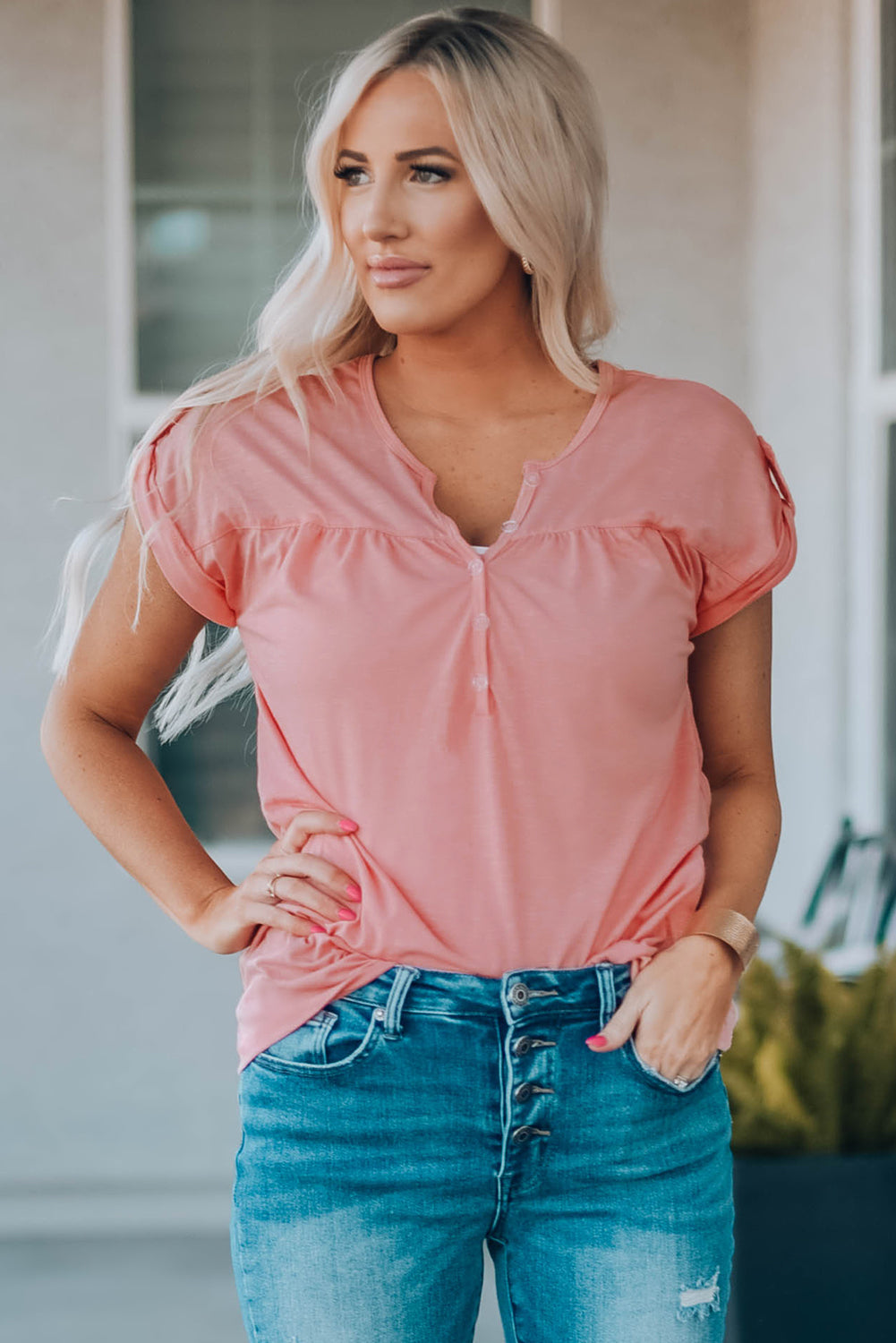 Women Buttoned Roll-Tab Sleeve Tee Shirt-Teresa&#39;s Fashionista LLC