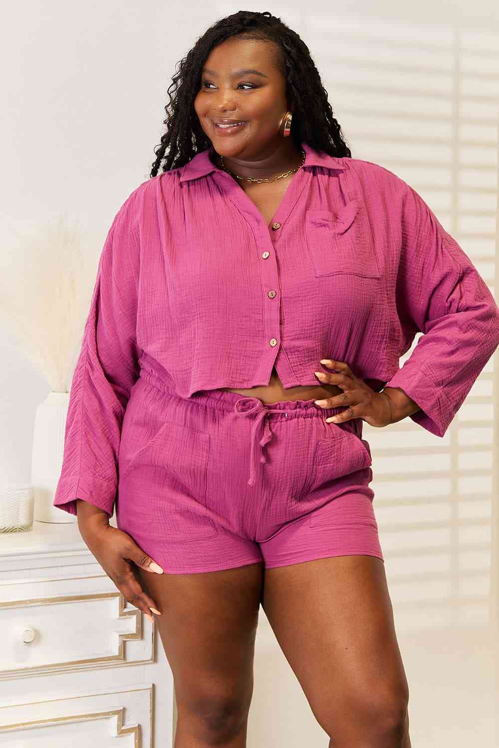 Basic Bae Buttoned Long Sleeve Top and Shorts Set-Teresa&#39;s Fashionista LLC