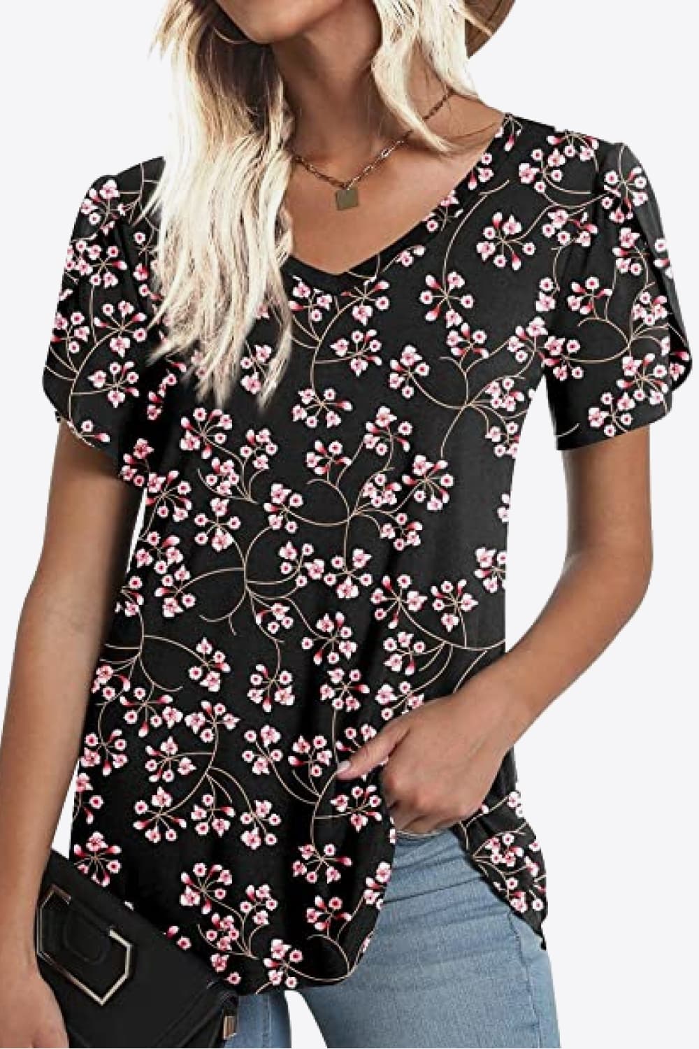 Printed Petal Sleeve V-Neck Blouse-Teresa&#39;s Fashionista LLC