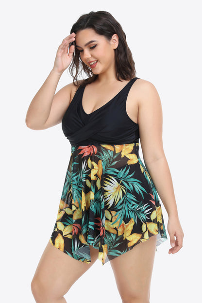 Plus Size Floral Two-Tone Asymmetrical Hem Two-Piece Swimsuit-Teresa&#39;s Fashionista LLC