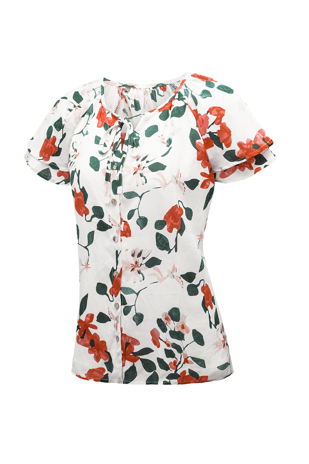 Floral Tie Neck Short Sleeve Shirt-Teresa&#39;s Fashionista LLC