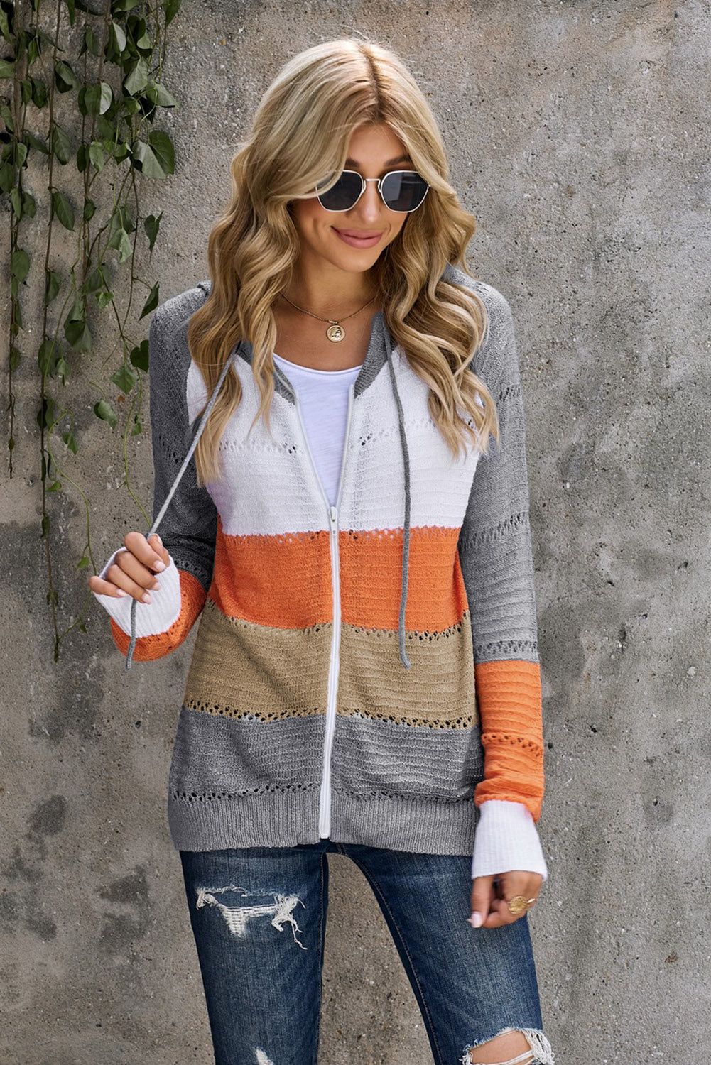 Zip-Up Raglan Sleeve Openwork Hooded Cardigan-Teresa&#39;s Fashionista LLC