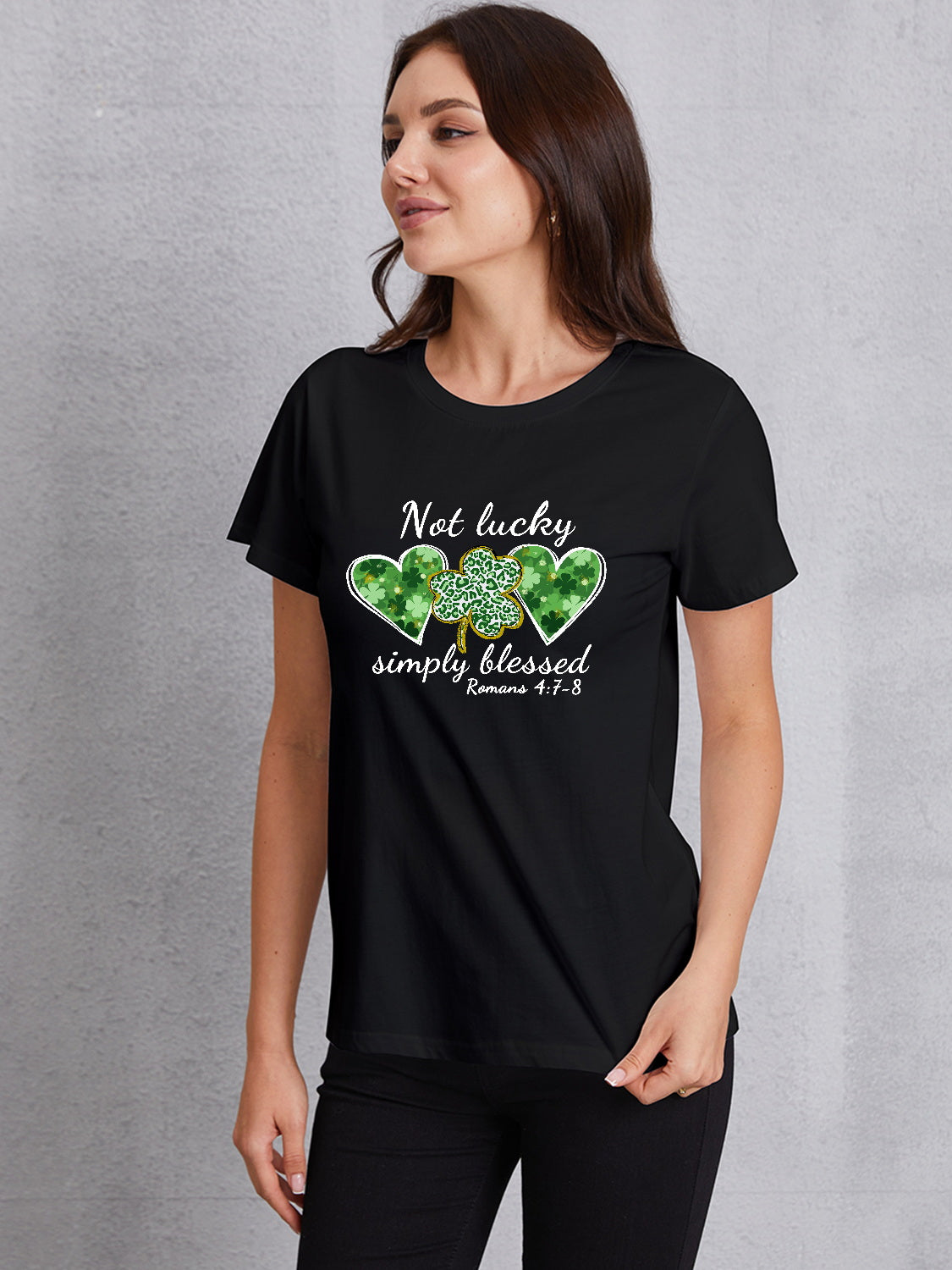 NOT LUCKY SIMPLY BLESSED Heart Round Neck T-Shirt-Teresa&#39;s Fashionista LLC