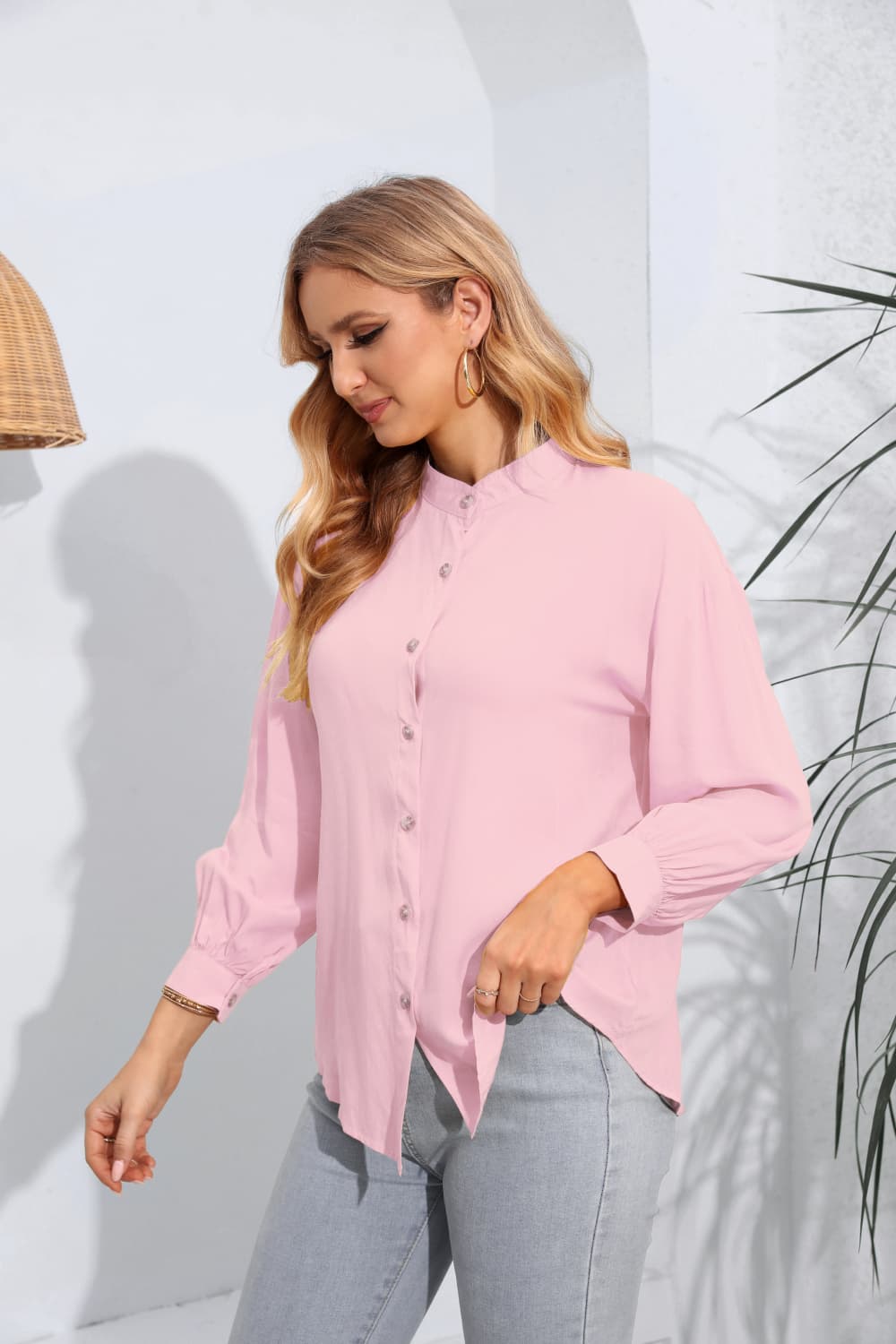 Mock Neck Buttoned Long Sleeve Shirt-Teresa&#39;s Fashionista LLC