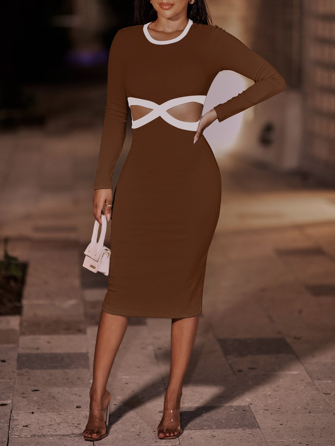 Contrast Cutout Ribbed Bodycon Dress-Teresa&#39;s Fashionista LLC