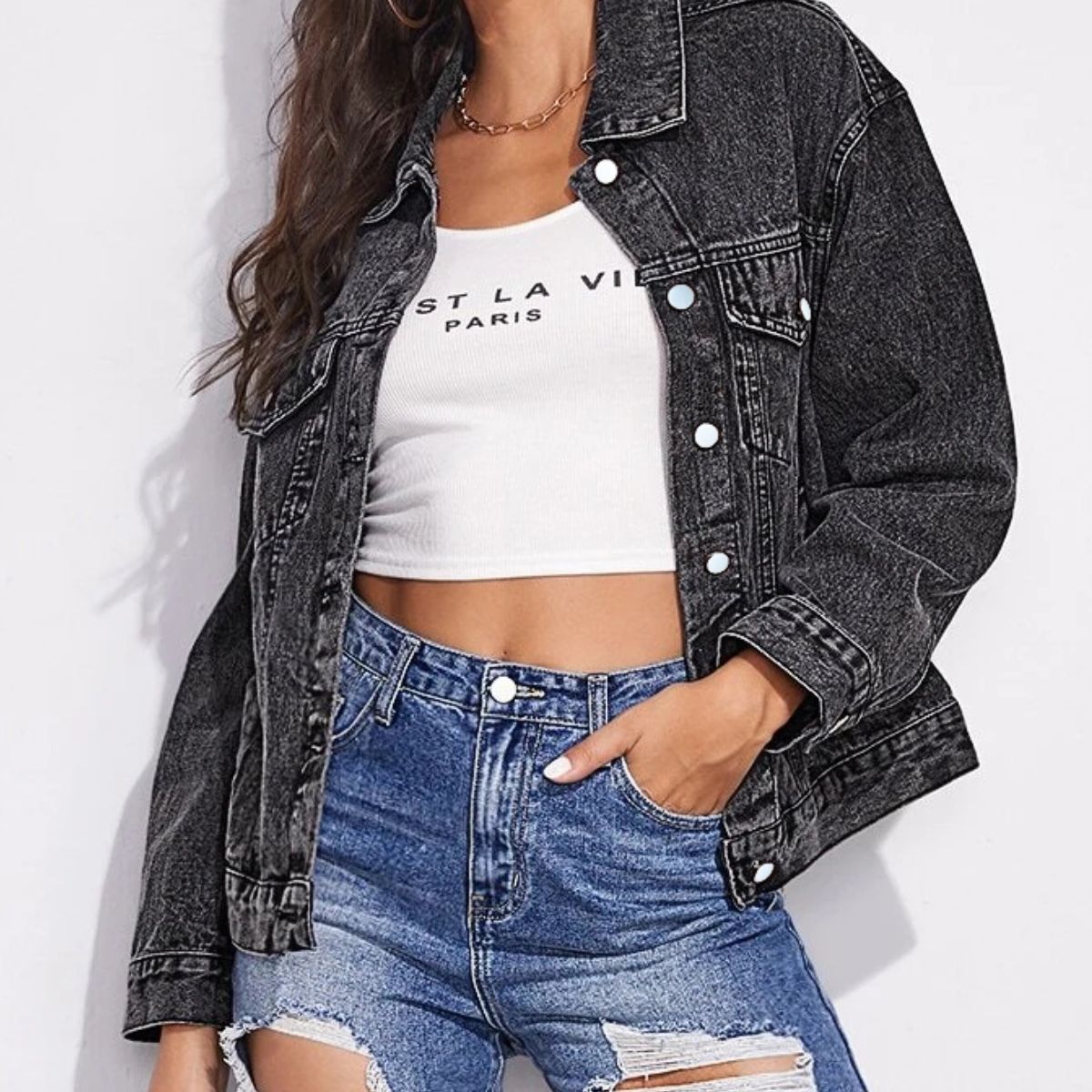 Collared Neck Dropped Shoulder Button-Down Denim Jacket-Teresa&#39;s Fashionista LLC