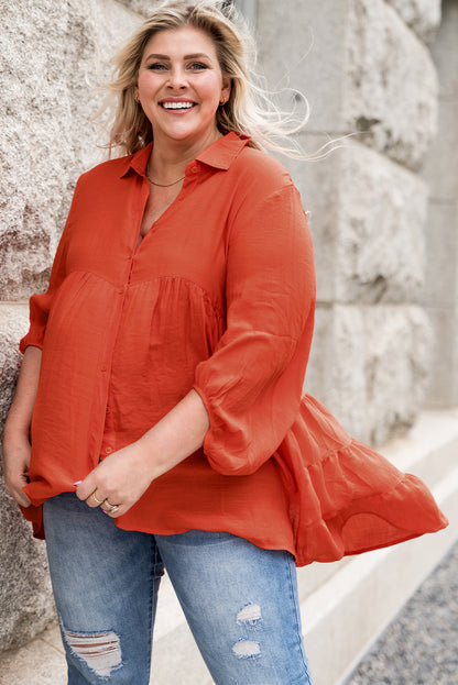 Plus Size Collared Balloon Sleeve Shirt-Teresa&#39;s Fashionista LLC