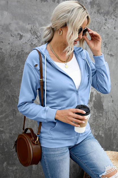 Distressed Zip Up Drawstring Detail Hoodie-Teresa&#39;s Fashionista LLC