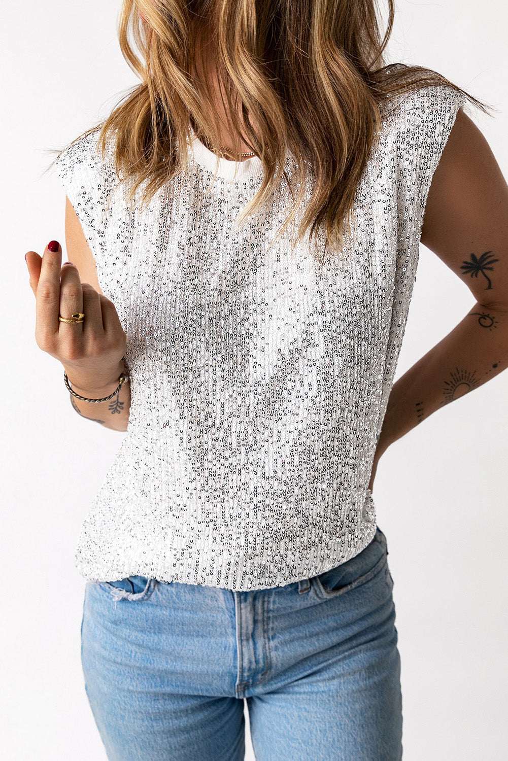 Sequin Round Neck Capped Sleeve Tank-Teresa&#39;s Fashionista LLC