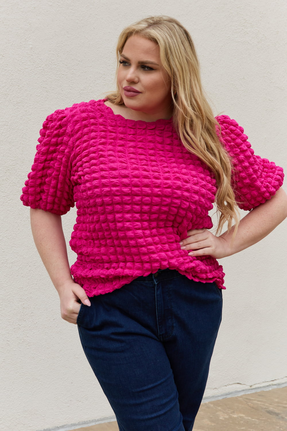 And The Why Full Size Bubble textured Puff Sleeve Top-Teresa&#39;s Fashionista LLC