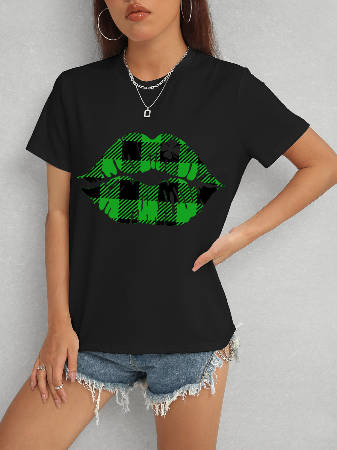 Plaid Lip Graphic Round Neck T-Shirt-Teresa&#39;s Fashionista LLC