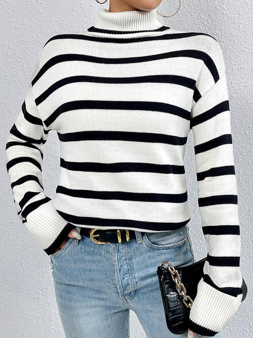 Striped Turtleneck Long Sleeve Sweater-Teresa&#39;s Fashionista LLC