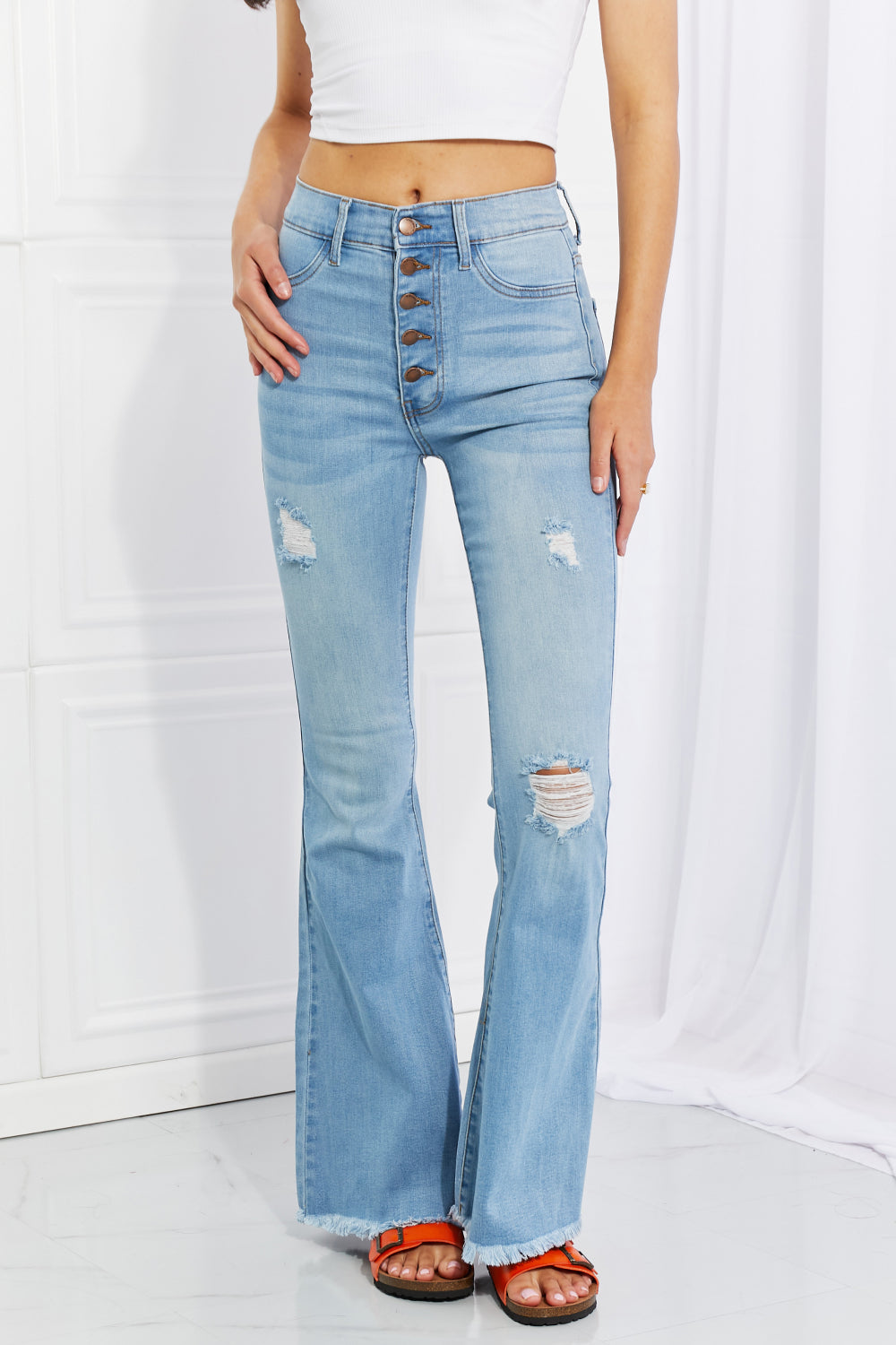 Vibrant MIU Full Size Jess Button Flare Jeans-Teresa&#39;s Fashionista LLC