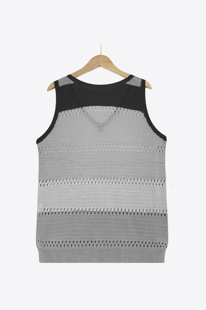 Striped Openwork V-Neck Knit Tank-Teresa&#39;s Fashionista LLC