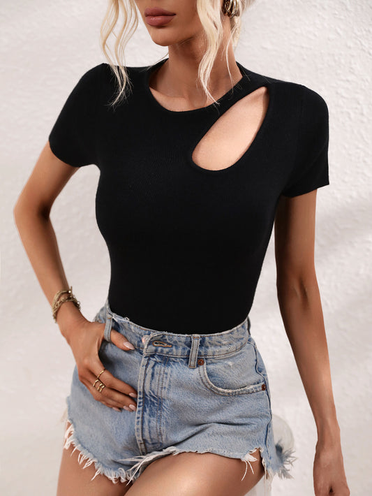 Cutout Round Neck Short Sleeve Knit Top-Teresa&#39;s Fashionista LLC