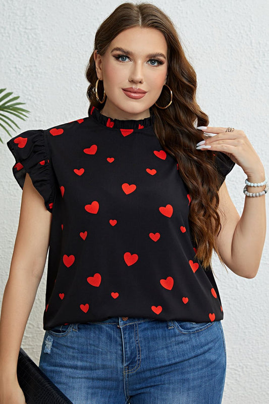 Plus Size Heart Print Butterfly Sleeve Mock Neck Top-Teresa&#39;s Fashionista LLC