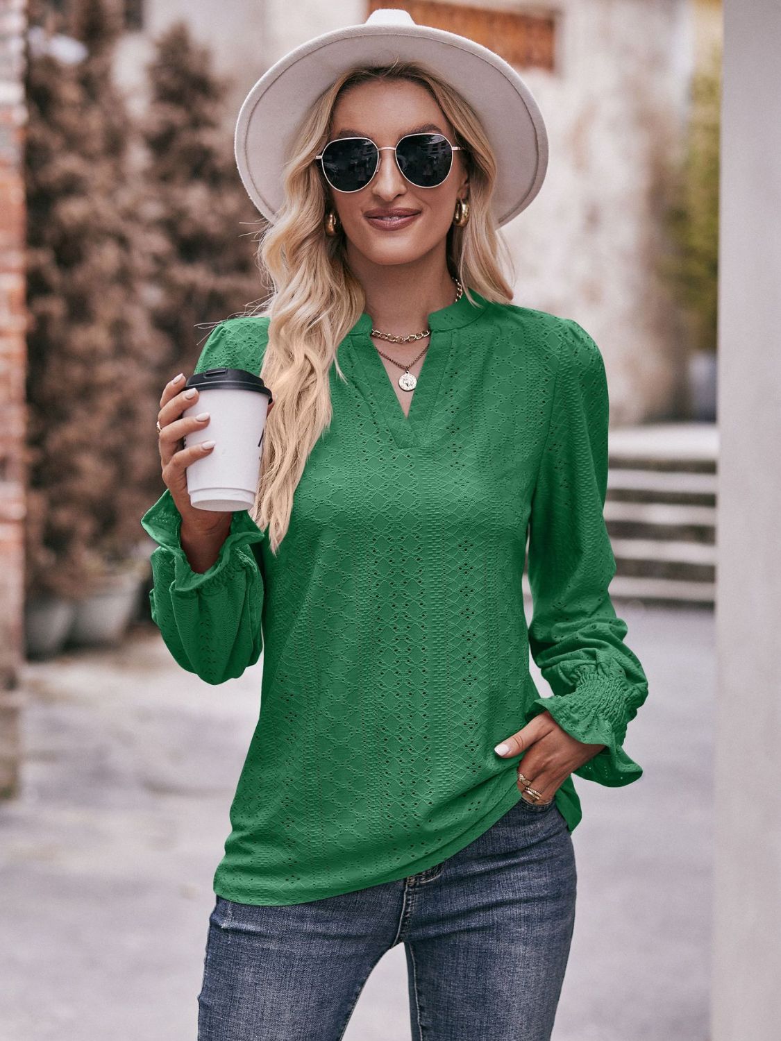 Eyelet Notched Neck Flounce Sleeve Blouse-Teresa&#39;s Fashionista LLC