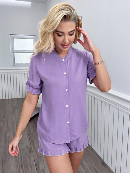 Flounce Sleeve Shirt and Frill Trim Shorts Lounge Set-Teresa&#39;s Fashionista LLC