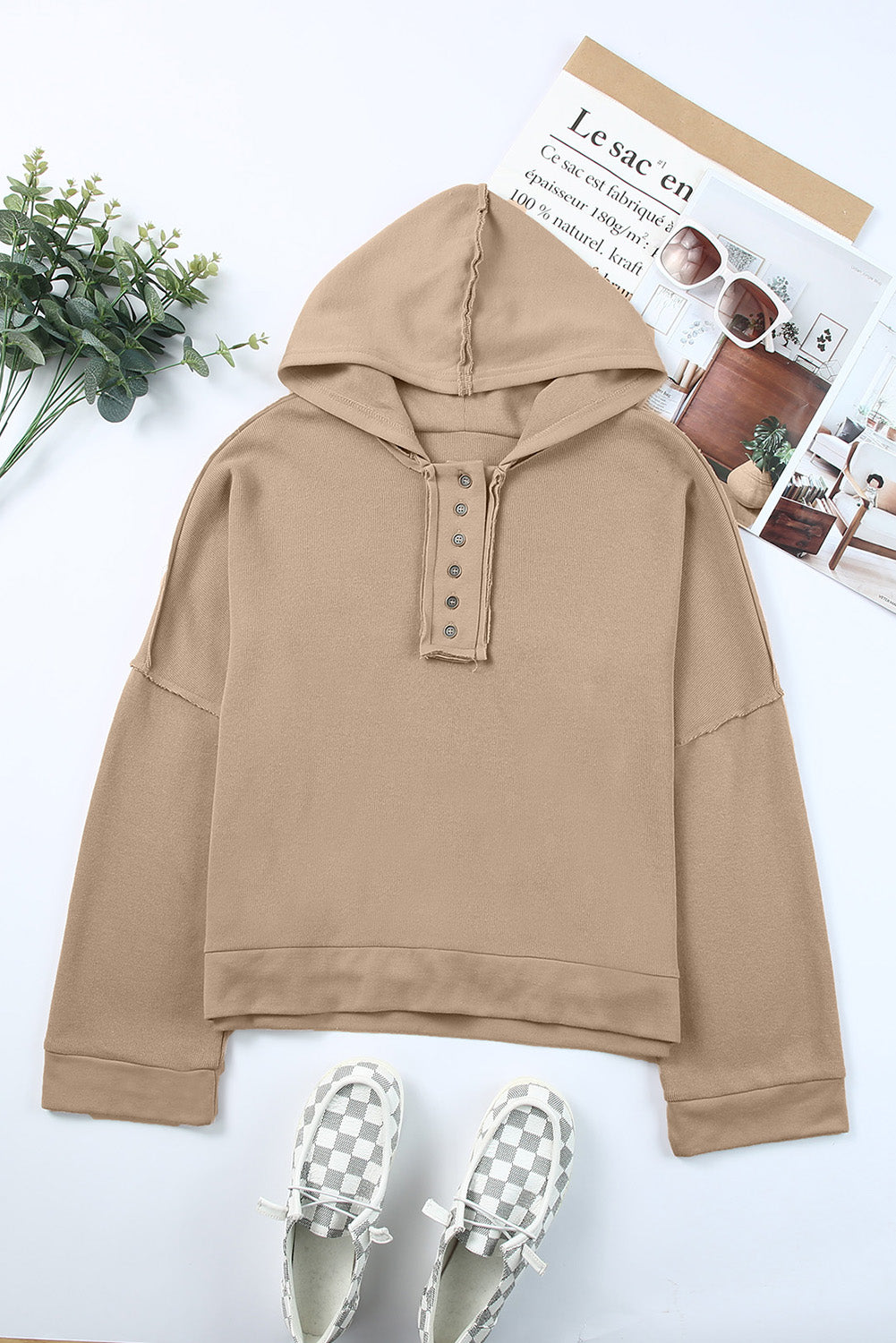 Quarter-Button Exposed Seam Dropped Shoulder Hoodie-Teresa&#39;s Fashionista LLC