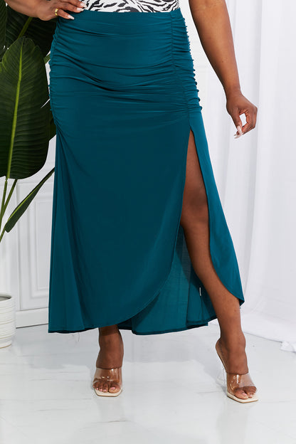 White Birch Full Size Up and Up Ruched Slit Maxi Skirt in Teal-Teresa&#39;s Fashionista LLC