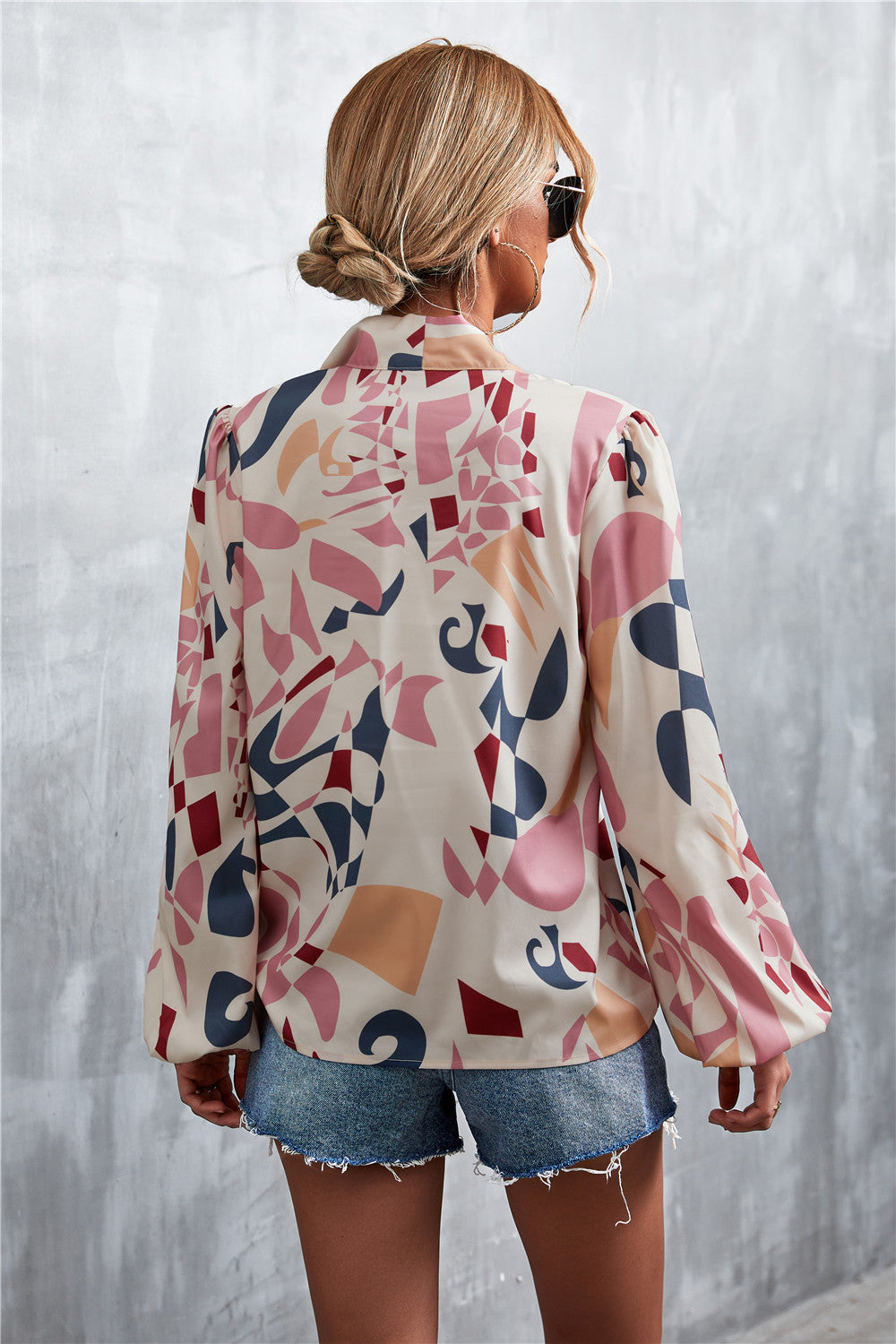 Printed Tie Neck Puff Sleeve Blouse-Teresa&#39;s Fashionista LLC