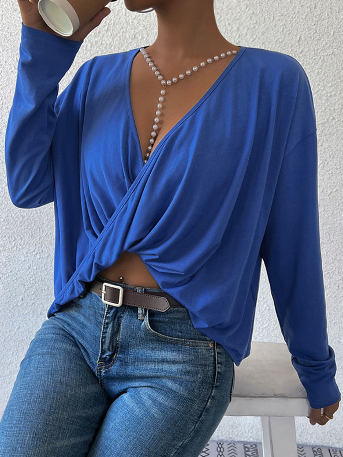 Long Sleeve Twisted Surplice Neck Blouse-Teresa&#39;s Fashionista LLC