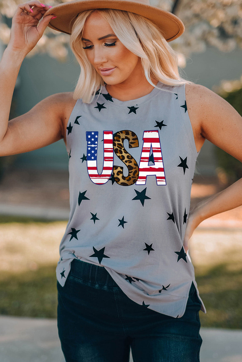 USA Star Print Tank with Slits-Teresa&#39;s Fashionista LLC