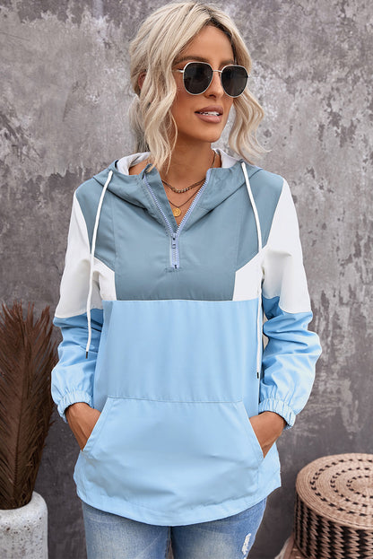 Color Block Quarter-Zip Drawstring Hoodie-Teresa&#39;s Fashionista LLC