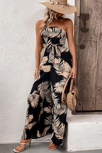 Printed Strapless Wide Leg Jumpsuit with Pockets-Teresa&#39;s Fashionista LLC