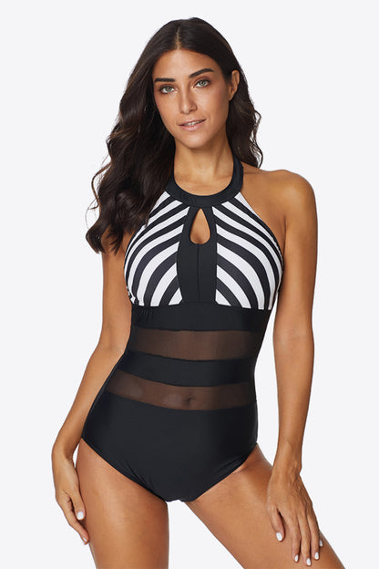 Striped Cutout Spliced Mesh Halter Neck One-Piece Swimsuit-Teresa&#39;s Fashionista LLC