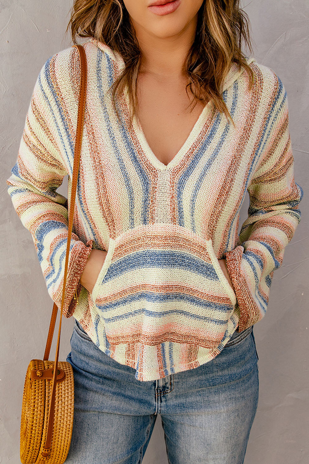 Striped Hooded Sweater with Kangaroo Pocket-Teresa&#39;s Fashionista LLC