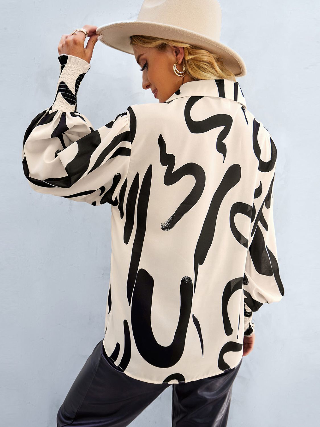 Printed Lantern Sleeve Button-Up Shirt-Teresa&#39;s Fashionista LLC