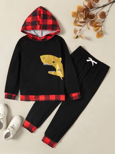 Shark Graphic Plaid Hoodie and Drawstring Pants Set-Teresa&#39;s Fashionista LLC