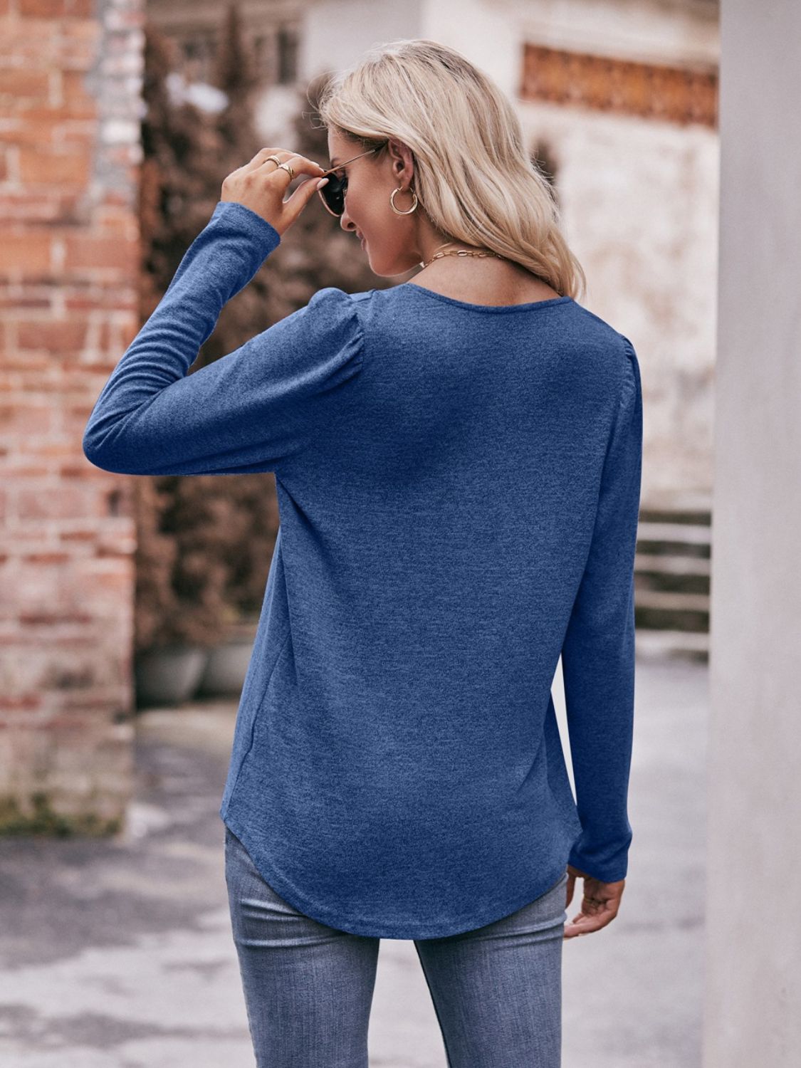 Pleated Detail Curved Hem Long Sleeve Top-Teresa&#39;s Fashionista LLC