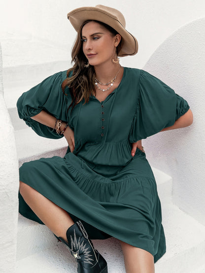 Plus Size Tie Neck Balloon Sleeve Midi Dress-Teresa&#39;s Fashionista LLC