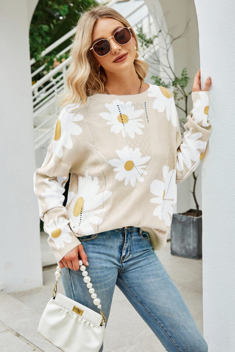 Daisy Print Openwork Round Neck Sweater-Teresa&#39;s Fashionista LLC