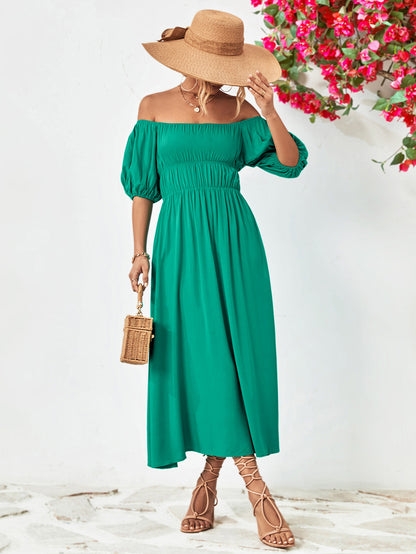 Off-Shoulder Balloon Sleeve Midi Dress-Teresa&#39;s Fashionista LLC