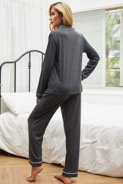 Contrast Piping Button Down Top and Pants Loungewear Set-Teresa&#39;s Fashionista LLC