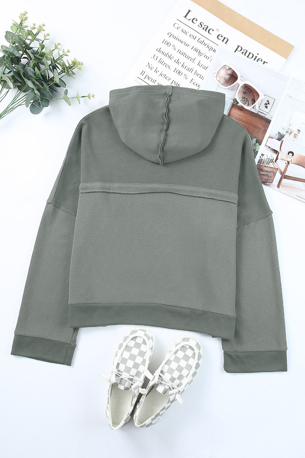 Quarter-Button Exposed Seam Dropped Shoulder Hoodie-Teresa&#39;s Fashionista LLC