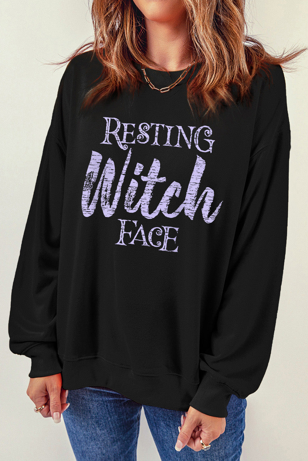 Round Neck Long Sleeve RESTING WITCH FACE Graphic Sweatshirt-Teresa&#39;s Fashionista LLC