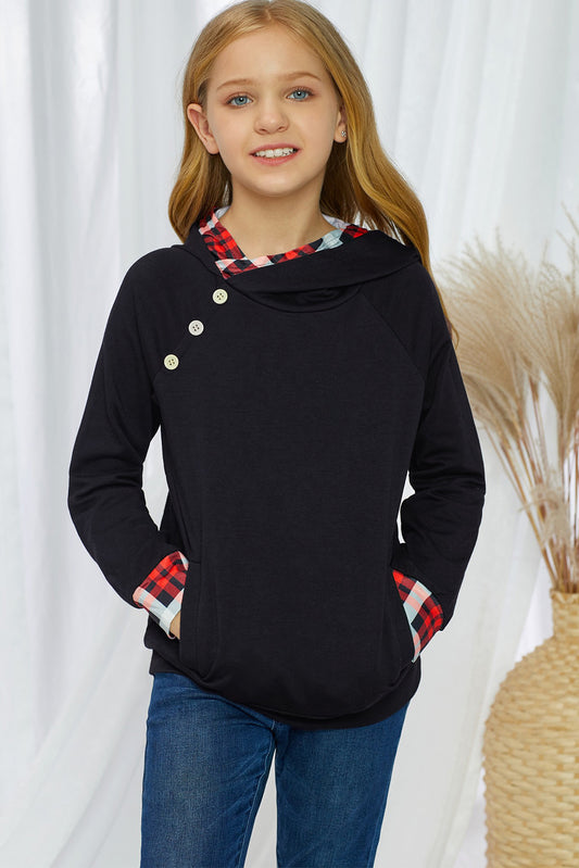 Girls Plaid Decorative Button Hoodie with Pockets-Teresa&#39;s Fashionista LLC