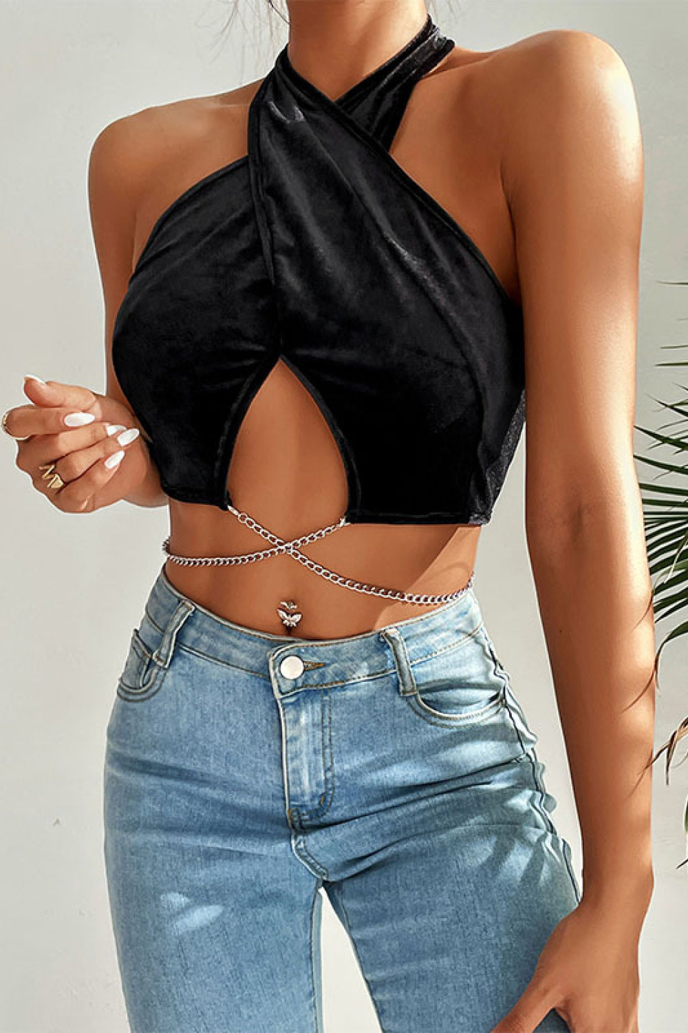 Chain Detail Halter Neck Velvet Cropped Top-Teresa&#39;s Fashionista LLC