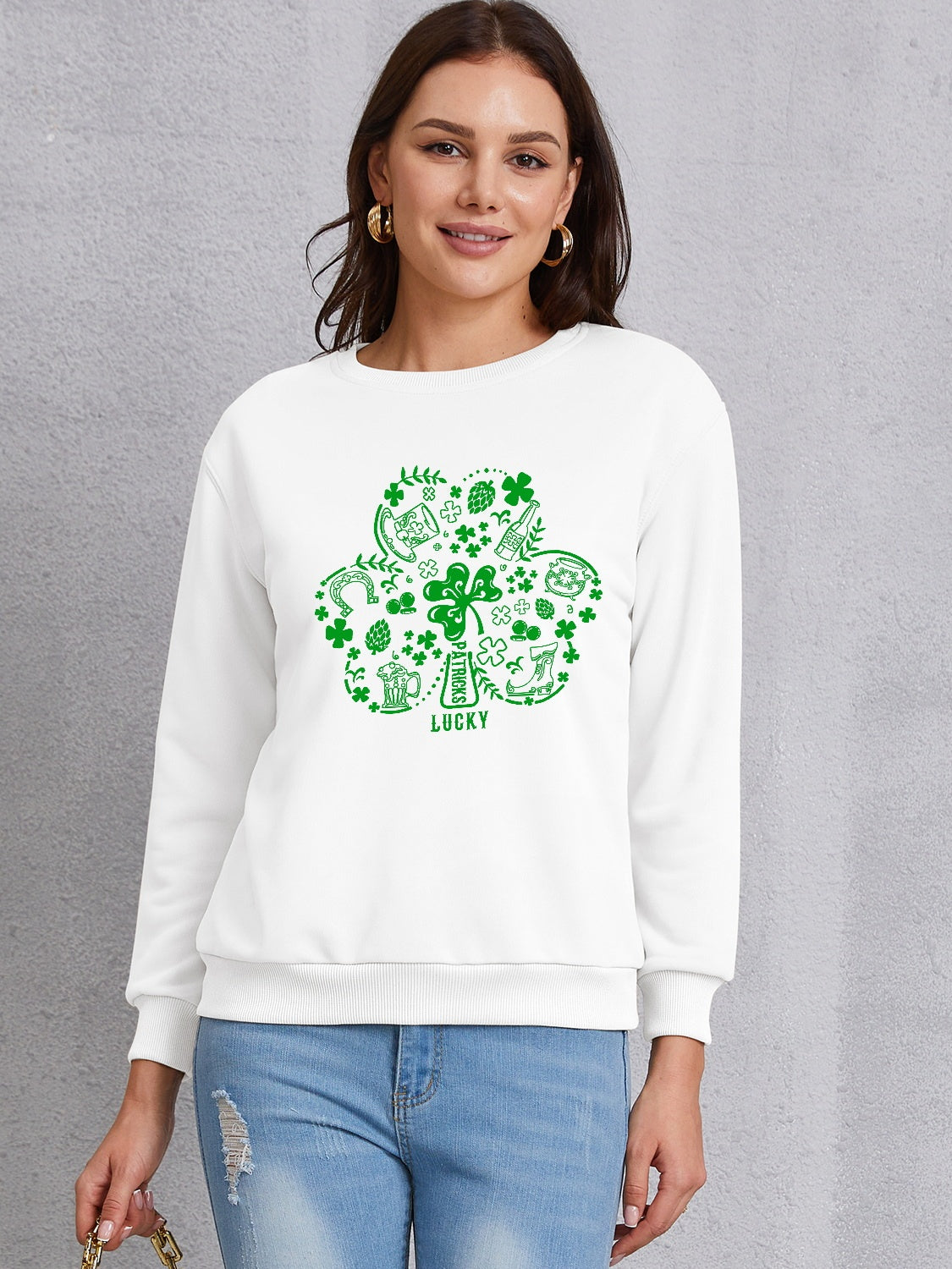 Lucky Clover Round Neck Sweatshirt-Teresa&#39;s Fashionista LLC