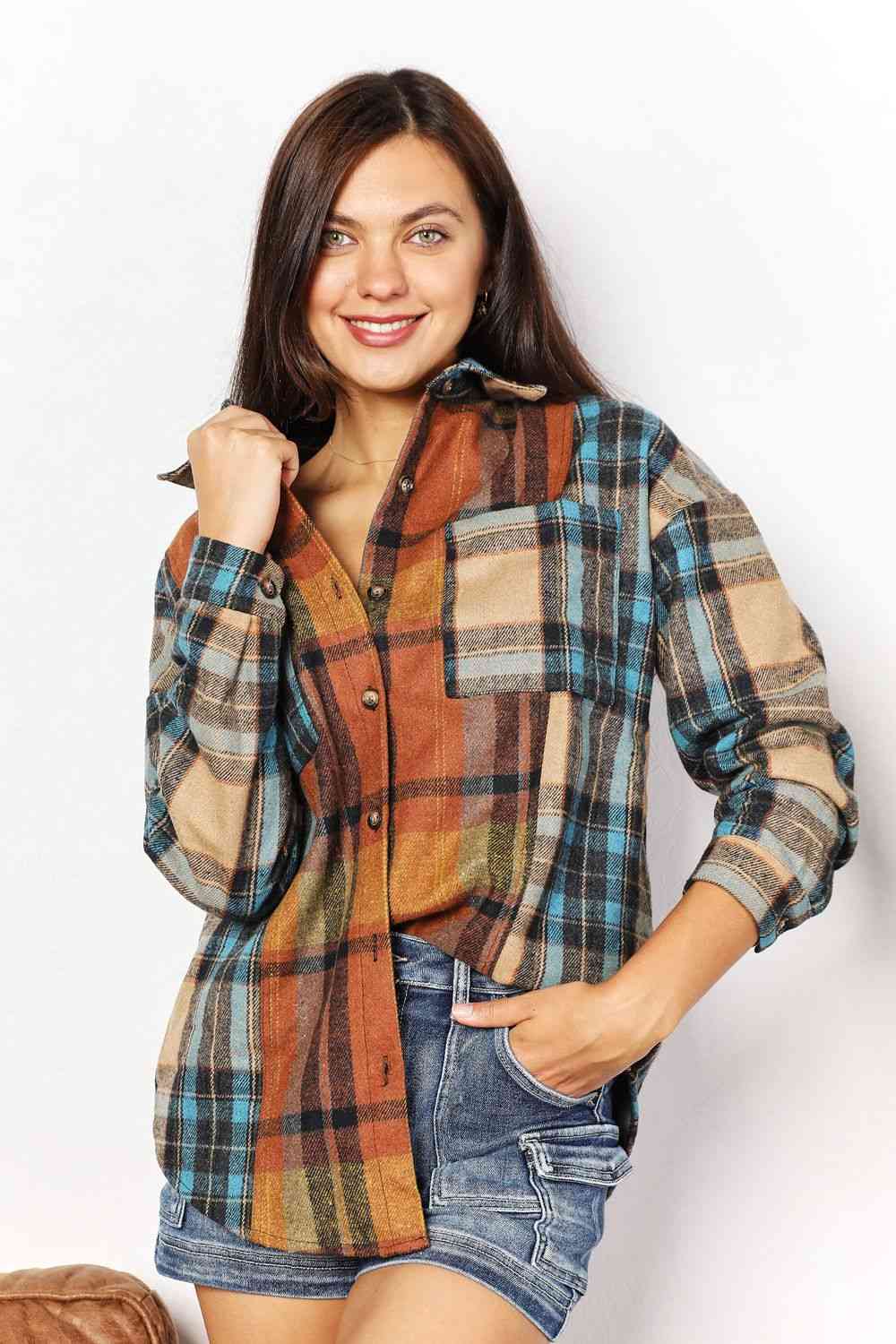 Double Take Plaid Curved Hem Shirt Jacket with Breast Pockets-Teresa&#39;s Fashionista LLC