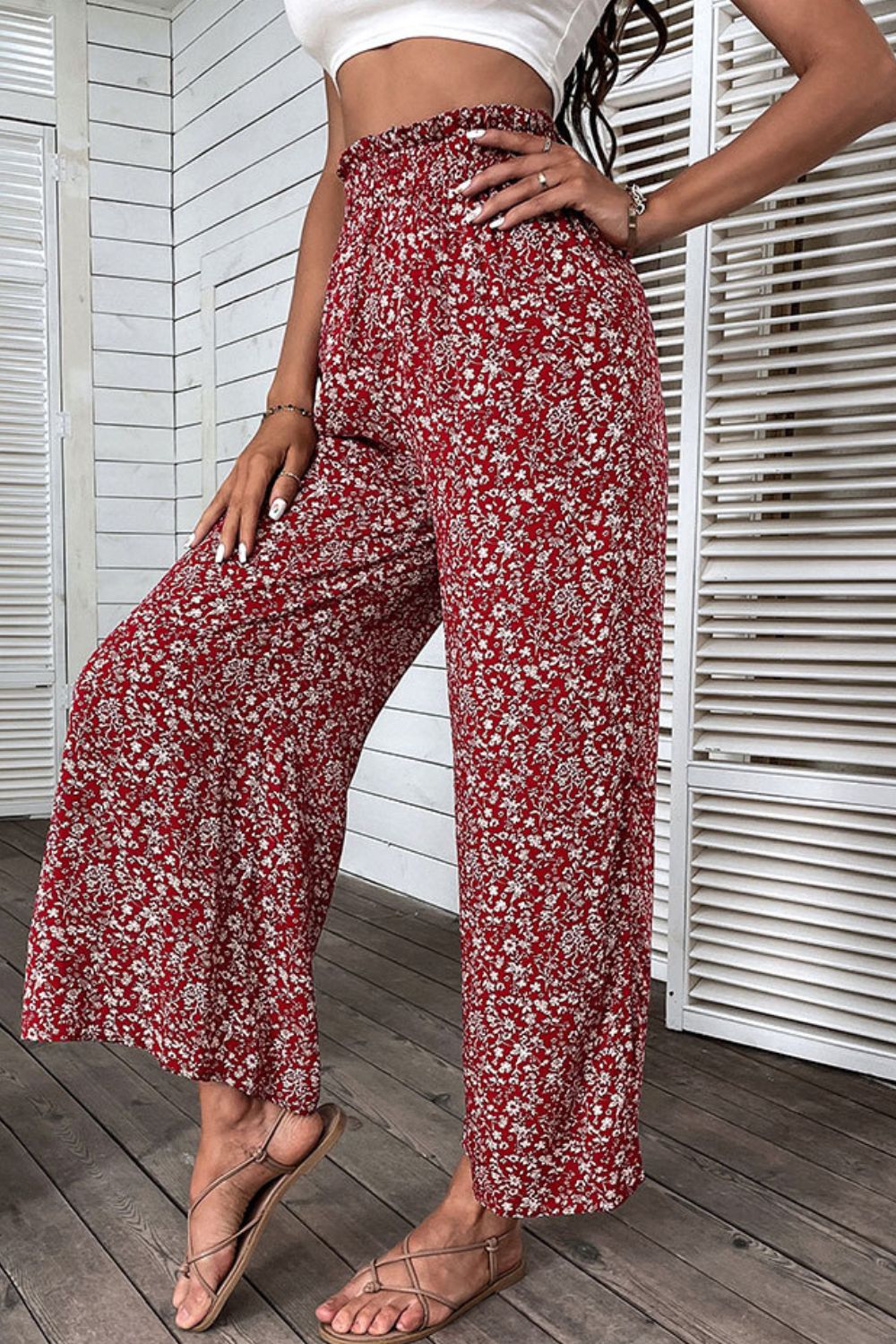 Ditsy Floral Slit Paperbag Waist Wide Leg Pants-Teresa&#39;s Fashionista LLC