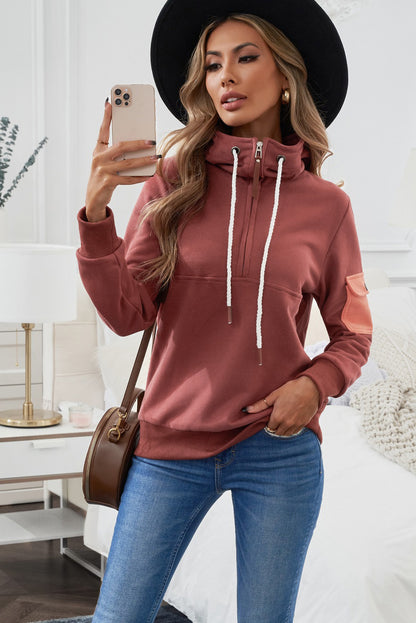 Half Zip Patch Pocket Drawstring Hoodie-Teresa&#39;s Fashionista LLC