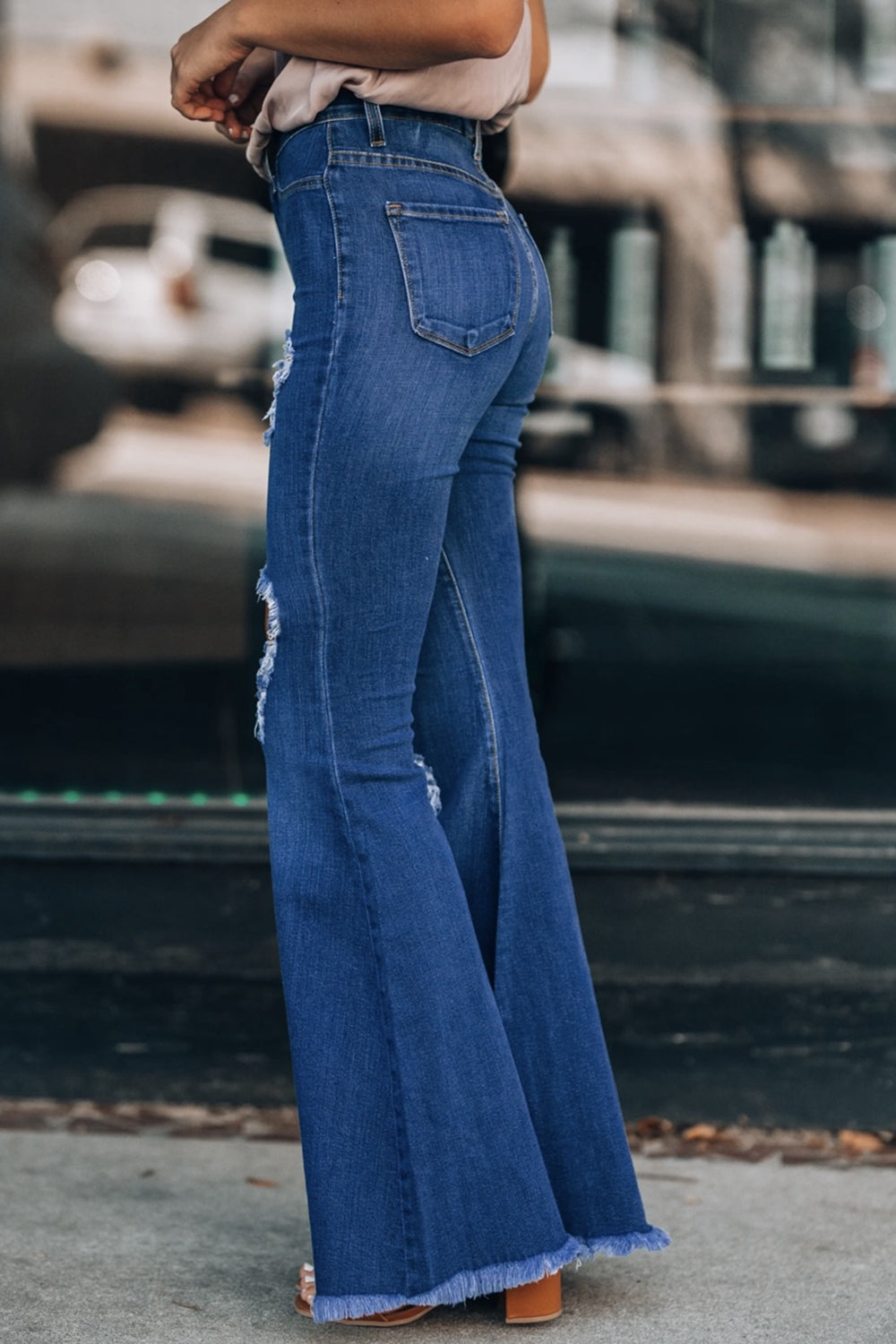 Distressed Raw Hem Flare Jeans-Teresa&#39;s Fashionista LLC