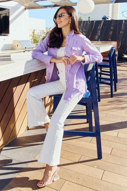 American Bazi Full Size Distressed Button Down Denim Jacket in Lavender-Teresa&#39;s Fashionista LLC