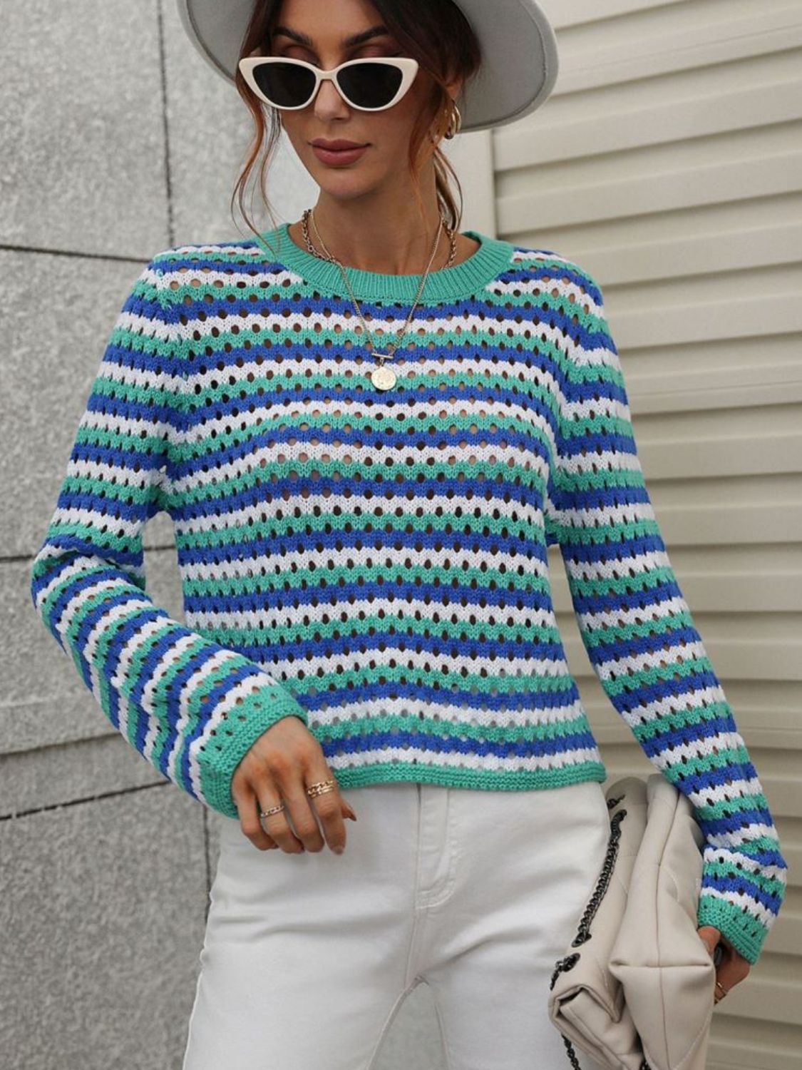 Striped Openwork Long-Sleeve Knit Pullover-Teresa&#39;s Fashionista LLC