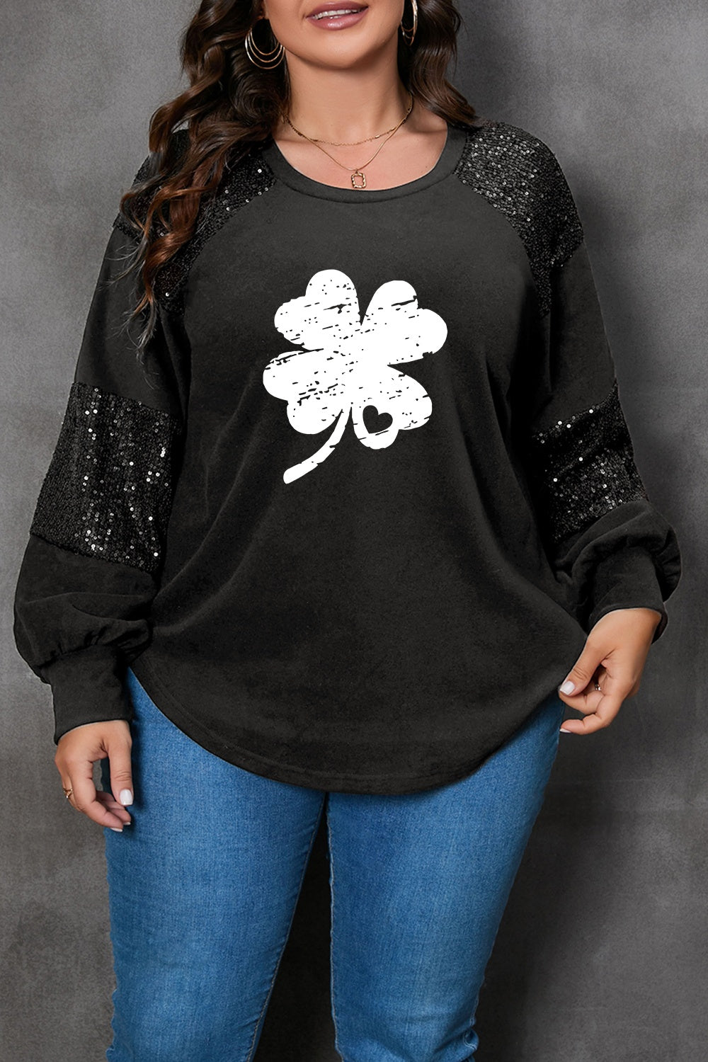 Plus Size Lucky Clover Sequin Round Neck Blouse-Teresa&#39;s Fashionista LLC